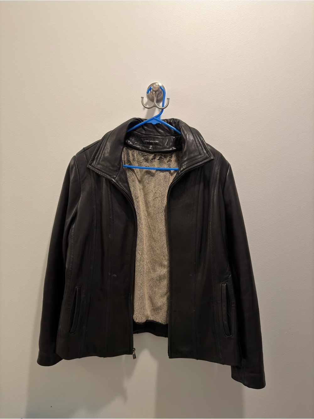 Jones New York Black Leather Jacket with Cream Sherpa Lining
